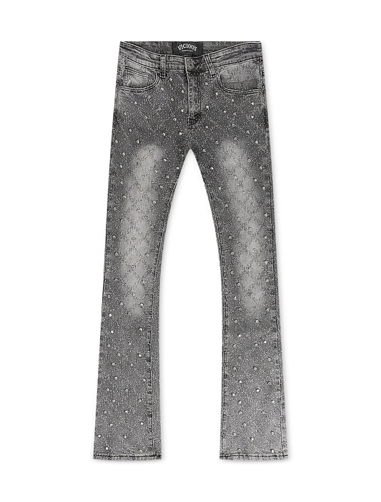 Vicious Denim Cargo All Over Rhinestone Stacked Jeans - Grey