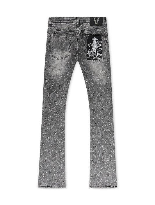 Vicious Denim Cargo All Over Rhinestone Stacked Jeans - Grey