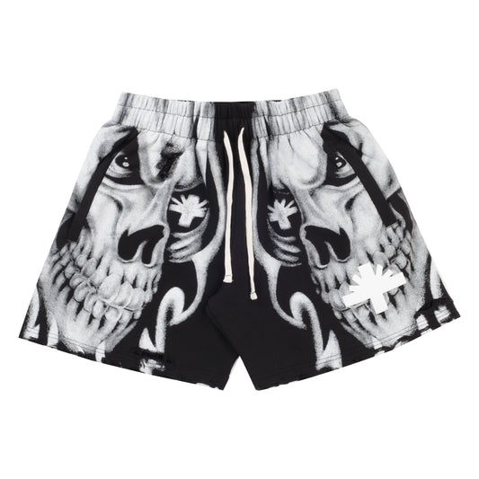Vertabrae Skull Face Shorts Black White